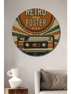 Teona Ahşap Retro Kaset Bantı Görünümlü Vintage Sanat Dekoratif Ahşap Tablo Yuvarlak Duvar Tablosu