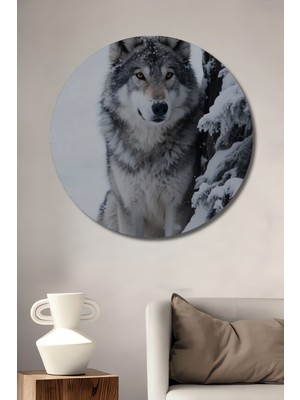 Teona Ahşap Kurt Figürlü Yağlı Boya Görünümlü Ahşap Dekoratif Tablo Yuvarlak Duvar Tablosu