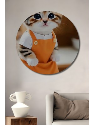 Teona Ahşap Minik Aşçı Kedi Yağlı Boya Görünümlü Ahşap Dekoratif Tablo Yuvarlak Duvar Tablosu