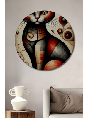 Teona Ahşap Kedi Sanat Yağlı Boya Görünümlü Dekoratif Ahşap Tablo Yuvarlak Duvar Tablosu