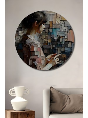 Teona Ahşap Yağlı Boya Görünümlü Modern Kadın Portresi Ahşap Dekoratif Tablo Yuvarlak Duvar Tablosu