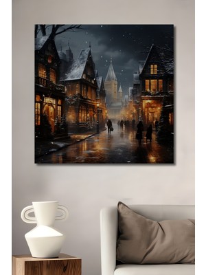 Teona Ahşap Kış Masalı Sokağı Yağlı Boya Görünümlü Ahşap Dekoratif Ev,antre,salon,ofis,mutfak,yatak Odası Tablo