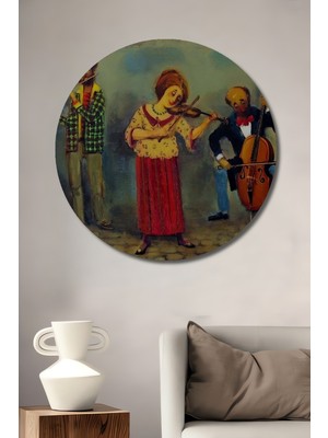 Teona Ahşap Müzisyenlerin Orkestrası Yağlı Boya Görünümlü Ahşap Dekoratif Tablo Yuvarlak Duvar Tablosu