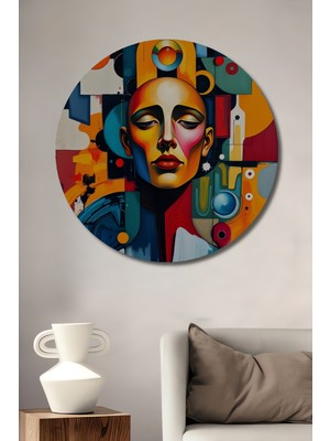 Teona Ahşap Renklerin Dansı Soyut Portre Yağlı Boya Görünümlü Dekoratif Ahşap Tablo Yuvarlak Duvar Tablosu
