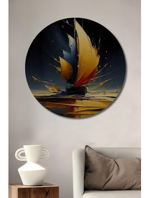 Teona Ahşap Altın Yelkenler Yağlı Boya Görünümlü Soyut Sanat Ahşap Dekoratif Tablo Yuvarlak Duvar Tablosu