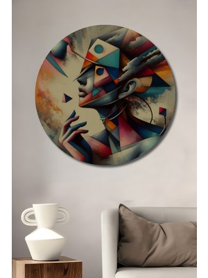 Teona Ahşap Geometrik Soyut Kadın Portresi Yağlı Boya Görünümlü Ahşap Dekoratif Tablo Yuvarlak Duvar Tablosu