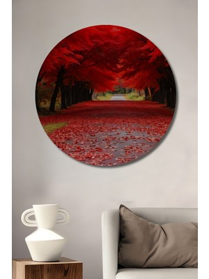 Teona Ahşap Kızıl Ağaç Tüneli Yağlı Boya Görünümlü Dekoratif Ahşap Tablo Yuvarlak Duvar Tablosu