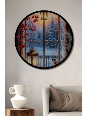 Teona Ahşap Kış Manzaralı Çiçekli Pencere Sulu Boya Görünümlü Ahşap Dekoratif Tablo Yuvarlak Duvar Tablosu