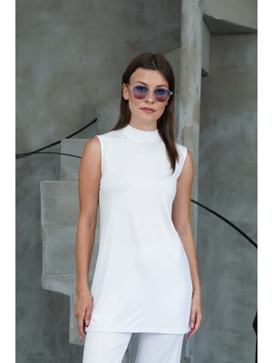Penye Bizden Viskon Kolsuz Tunik -Beyaz