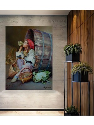 Teona Ahşap Üzüm Toplayan Kız Yağlı Boya Görünümlü Ahşap Dekoratif Ev,antre,salon,ofis,mutfak,yatak Odası Tablo