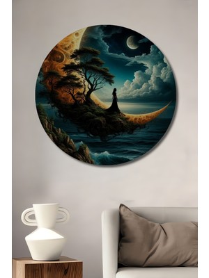 Teona Ahşap Ayda Oturan Kadın ve Dalgalı Deniz Yağlı Boya Görünümlü Ahşap Dekoratif Tablo Yuvarlak Duvar Tablosu