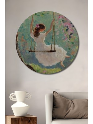 Teona Ahşap Genç Kız Salıncakta Yağlı Boya Görünümlü Dekoratif Ahşap Tablo Yuvarlak Duvar Tablosu