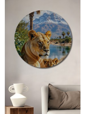 Teona Ahşap Aslan Anne Yavru Safari Manzarası Yağlı Boya Görünümlü Ahşap Dekoratif Tablo Yuvarlak Duvar Tablosu