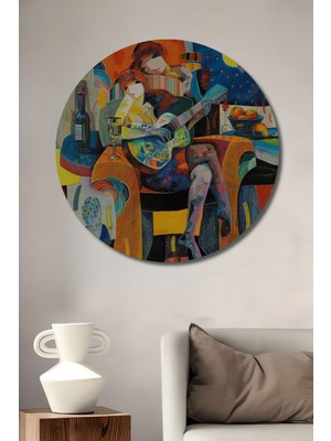 Teona Ahşap Iki Kadın Gitar Sohbeti Yağlı Boya Görünümlü Dekoratif Ahşap Tablo Yuvarlak Duvar Tablosu