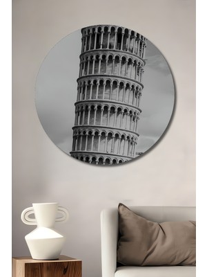 Teona Ahşap Pisa Kulesi Siyah Beyaz Fotoğraf Baskı Ahşap Dekoratif Tablo Yuvarlak Duvar Tablosu