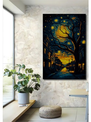 Teona Ahşap Yıldızlı Gece Gökyüzü Ağaçlı Sokağı Yağlı Boya Görünümlü Ahşap Dekoratif Ev,antre,salon,ofis Tablo