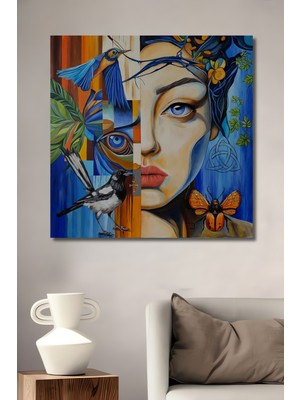 Teona Ahşap Yarı Gerçekçi Kuşlu Kadın Portresi Yağlı Boya Görünümlü Ahşap Dekoratif Ev,antre,salon,ofis Tablo