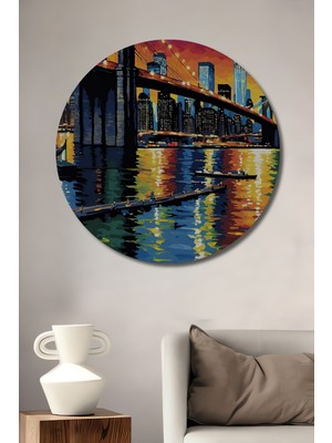 Teona Ahşap Brooklyn Köprüsü Sulu Boya Görünümlü Modern Sanat Ahşap Dekoratif Tablo Yuvarlak Duvar Tablosu