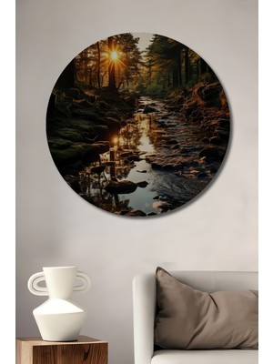 Teona Ahşap Işıltılı Orman Deresi Yağlı Boya Görünümlü Dekoratif Ahşap Tablo Yuvarlak Duvar Tablosu