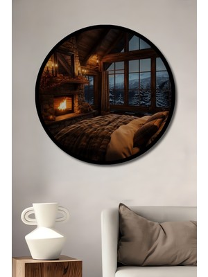 Teona Ahşap Kış Manzaralı Şömine ve Yatak Odası Ahşap Tablo Yuvarlak Duvar Tablosu