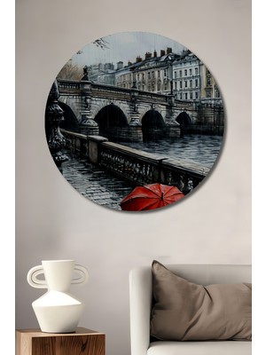 Teona Ahşap Yağlı Boya Görünümlü Kırmızı Şemsiyeli Yağmurlu Şehir Köprüsü Sanat Tablosu Yuvarlak Duvar Tablosu