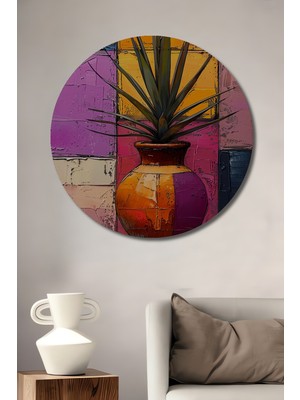 Teona Ahşap Canlı Renkler Vazoda Bitki Yağlı Boya Görünümlü Dekoratif Ahşap Tablo Yuvarlak Duvar Tablosu