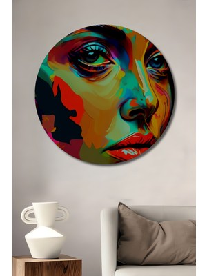Teona Ahşap Enerjik Renk Patlaması Kadın Portresi Yağlı Boya Görünümlü Modern Sanat Ahşap Dekoratif Tablo Yuvarlak Duvar Tablosu