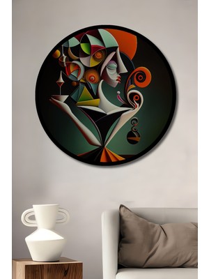 Teona Ahşap Soyut Kadın Portresi Yağlı Boya Görünümlü Ahşap Dekoratif Tablo Yuvarlak Duvar Tablosu