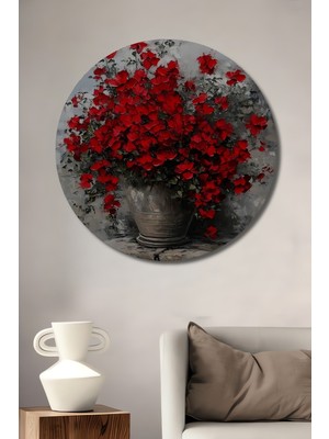 Teona Ahşap Kırmızı Güller Yağlı Boya Görünümlü Dekoratif Ahşap Tablo Yuvarlak Duvar Tablosu