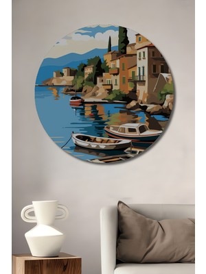 Teona Ahşap Sahil Kasabası Manzarası Sulu Boya Görünümlü Ahşap Dekoratif Tablo Yuvarlak Duvar Tablosu