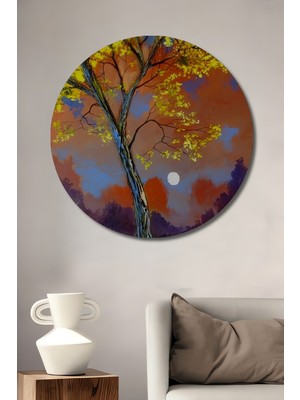Teona Ahşap Altın Yapraklı Ağaç Manzarası Yağlı Boya Görünümlü Dekoratif Ahşap Tablo Yuvarlak Duvar Tablosu