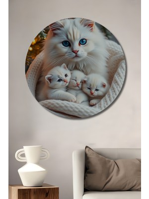 Teona Ahşap Bembeyaz Kedi Yavrusu Aşkı Yağlı Boya Görünümlü Ahşap Dekoratif Tablo Yuvarlak Duvar Tablosu
