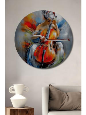 Teona Ahşap Çello Çalan Kadın Yağlı Boya Görünümlü Modern Sanat Ahşap Dekoratif Tablo Yuvarlak Duvar Tablosu