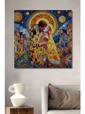 Teona Ahşap Aşkın Öpücüğü Yağlı Boya Görünümlü Gustav Klimt Sanatçı Eseri Ahşap Dekoratif Ev,antre,salon Tablo