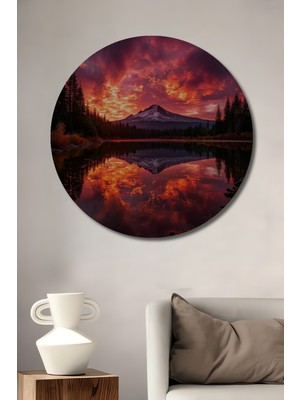 Teona Ahşap Görkemli Gün Batımı Dağ Manzarası Yağlı Boya Görünümlü Ahşap Dekoratif Tablo Yuvarlak Duvar Tablosu