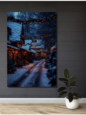 Teona Ahşap Kış Masalı Işıltılı Sokak Manzarası Yağlı Boya Görünümlü Ahşap Dekoratif Ev,antre,salon,ofis Tablo
