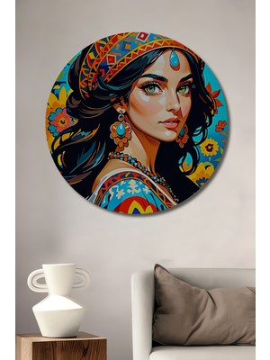 Teona Ahşap Bohem Kadın Portresi Yağlı Boya Görünümlü Ahşap Tablo Yuvarlak Duvar Tablosu