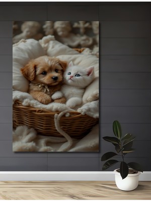 Teona Ahşap Sevimli Yavru Köpek Kedi Aşkı Yağlı Boya Görünümlü Dekoratif Ahşap Ev,antre,salon,ofis,mutfak Tablo