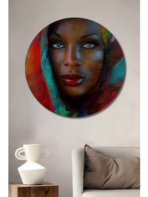 Teona Ahşap Büyüleyici Renklerin Dansı Yağlı Boya Görünümlü Kadın Portresi Ahşap Dekoratif Tablo Yuvarlak Duvar Tablosu