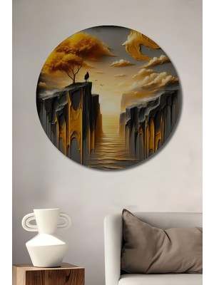 Teona Ahşap Altın Yolculuk Manzaralı Yağlı Boya Görünümlü Dekoratif Ahşap Tablo Yuvarlak Duvar Tablosu