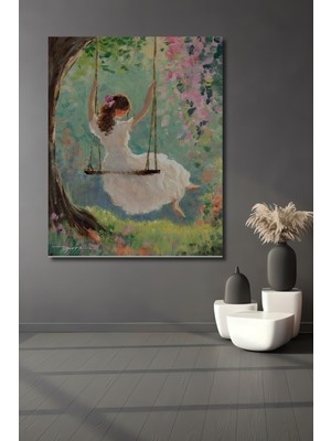 Teona Ahşap Genç Kız Salıncakta Yağlı Boya Görünümlü Dekoratif Ahşap Ev,antre,salon,ofis,mutfak Tablo