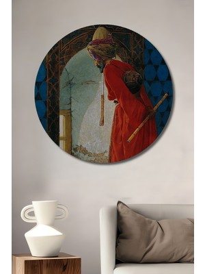 Teona Ahşap Osmanlı Ressamı ve Kaplumbağalar Yağlıboya Görünümlü Dekoratif Ahşap Tablo Yuvarlak Duvar Tablosu