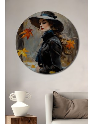 Teona Ahşap Sonbahar Esintili Kadın Yağlı Boya Görünümlü Dekoratif Ahşap Tablo Yuvarlak Duvar Tablosu