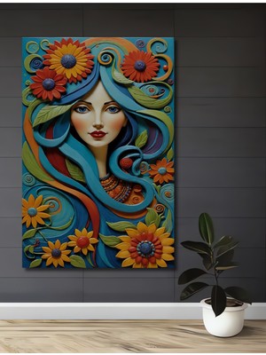 Teona Ahşap Bohem Esintili Renkli Çiçek Kadın Yağlı Boya Görünümlü Ahşap Dekoratif Ev,antre,salon,ofis Tablo