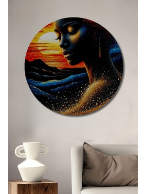 Teona Ahşap Altın Işıltılı Kadın Portresi Yağlı Boya Görünümlü Dekoratif Ahşap Tablo Yuvarlak Duvar Tablosu