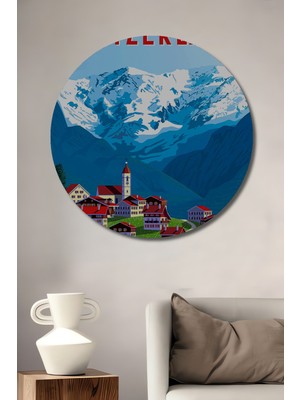 Teona Ahşap Isviçre Alpleri Kasabası Yağlı Boya Görünümlü Dekoratif Ahşap Tablo Yuvarlak Duvar Tablosu