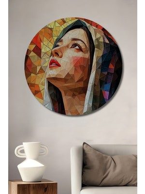 Teona Ahşap Soyut Geometrik Kadın Portresi Yağlı Boya Görünümlü Ahşap Dekoratif Tablo Yuvarlak Duvar Tablosu