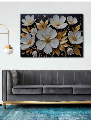 Teona Ahşap Altın Yaprak Desenli Beyaz Çiçek Yağlı Boya Görünümlü Ahşap Dekoratif Ev,antre,salon,ofis Tablo