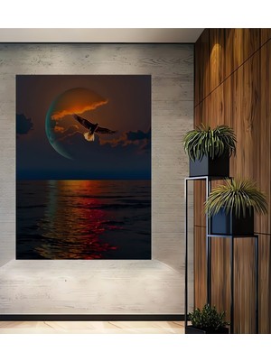 Teona Ahşap Kartal Kanatlı Güneş Ay Manzarası Yağlı Boya Görünümlü Ahşap Dekoratif Ev,antre,salon,ofis Tablo