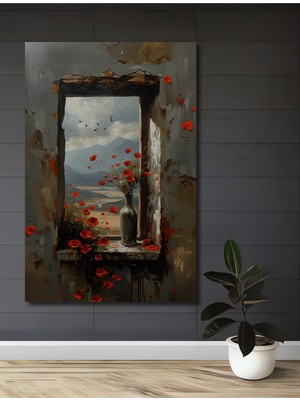 Teona Ahşap Kırmızı Gelinciklerin Penceresinden Manzara Yağlı Boya Görünümlü Ahşap Dekoratif Tablo